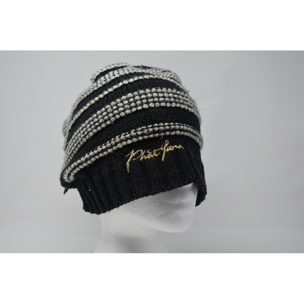 Phat Farm Knit Beanie Hat Black Cream Striped Wool Blend Slouchy Winter Unisex